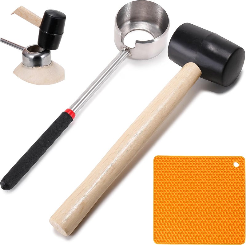 CJFocus Coconut Opener Tool Set, Food Grade Stainless Steel Coco Opener Kit for Coconut Young & Mature, Coconut Shell Puncher Knife, Rubber Hammer with Wood Handle, Silicone Mat Shockproof - Image 1